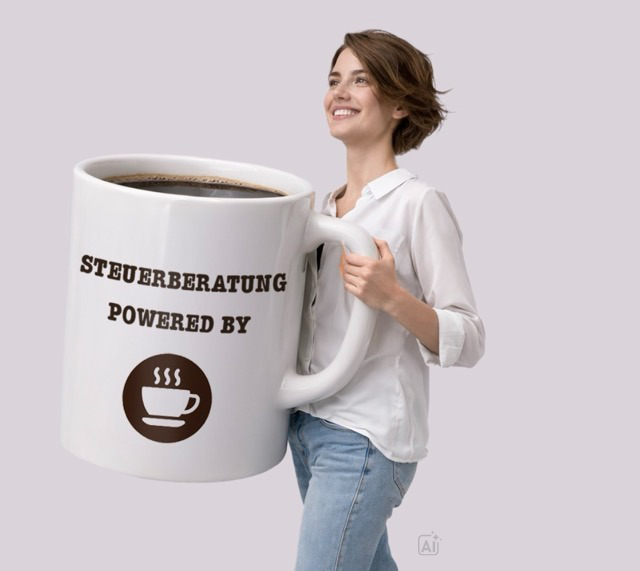 Steuerfachangestellte mit übergroßer Kaffeetasse